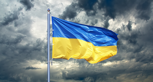 The Ukraine flag wave in the wind